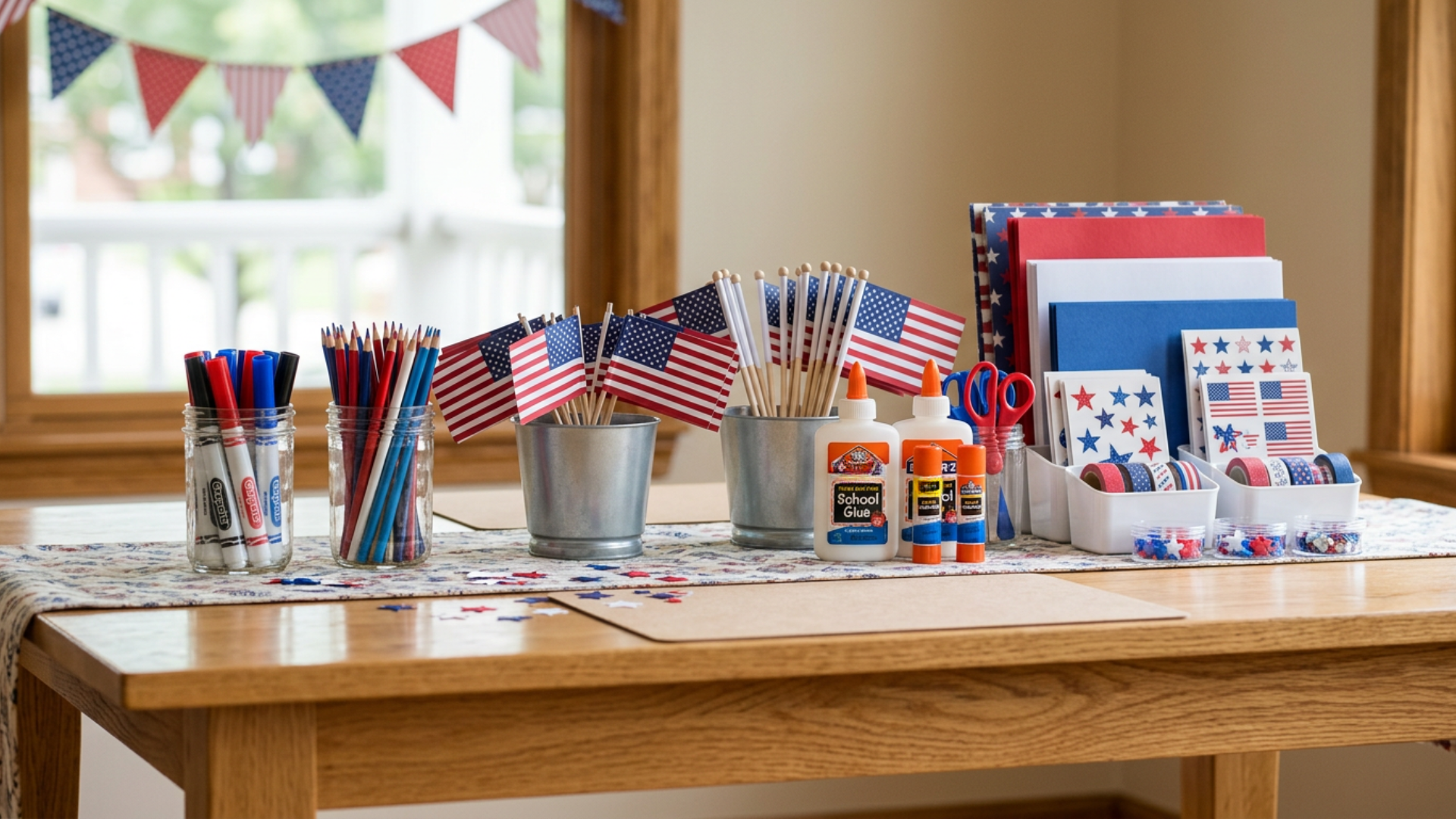 Craft table with red, white, and blue materials arranged for simple Memorial Day craft activities