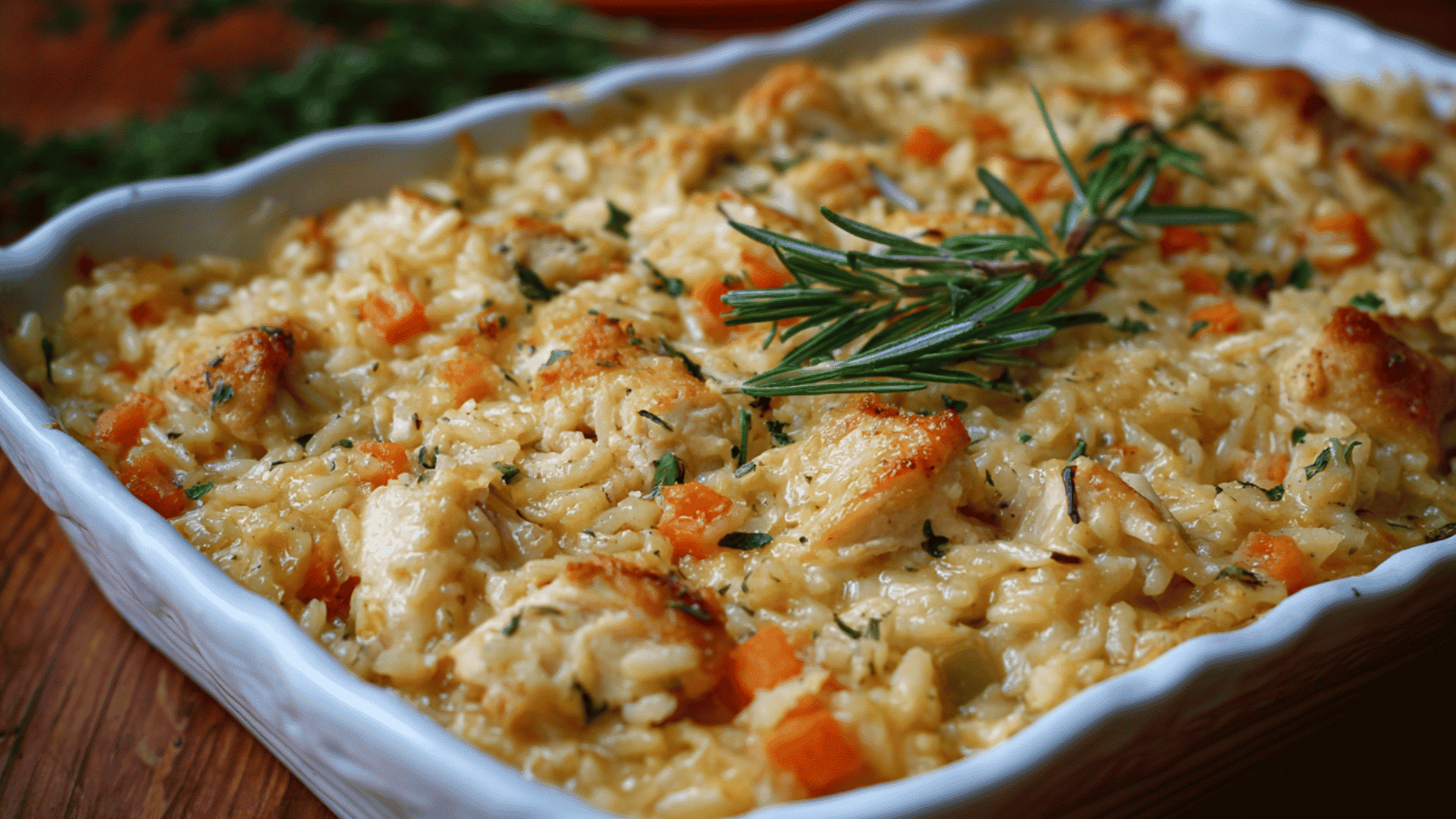 Creamy chicken and rice casserole baked with cheese and herbs served fresh from a casserole dish. (1)