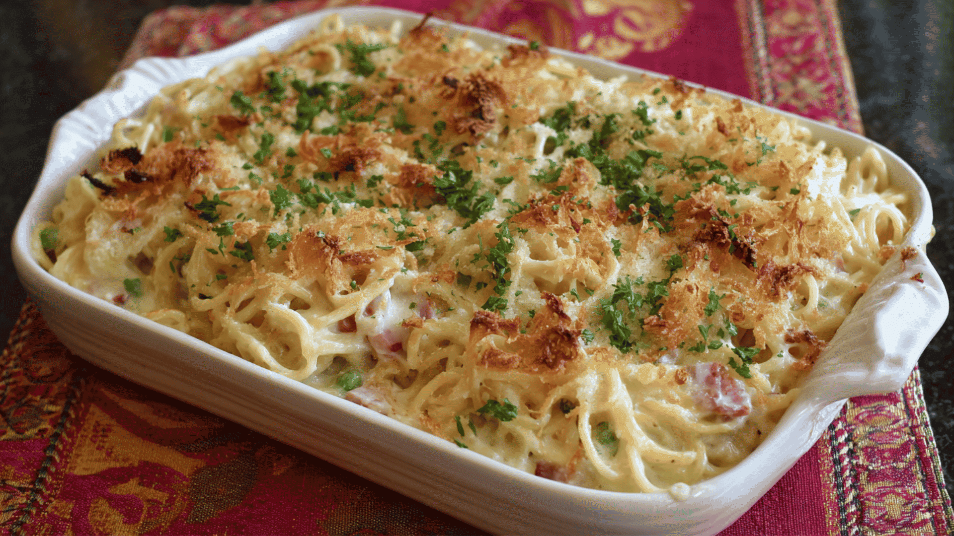 Creamy ham tetrazzini pasta baked with cheese and herbs served warm in a casserole dish. (1)