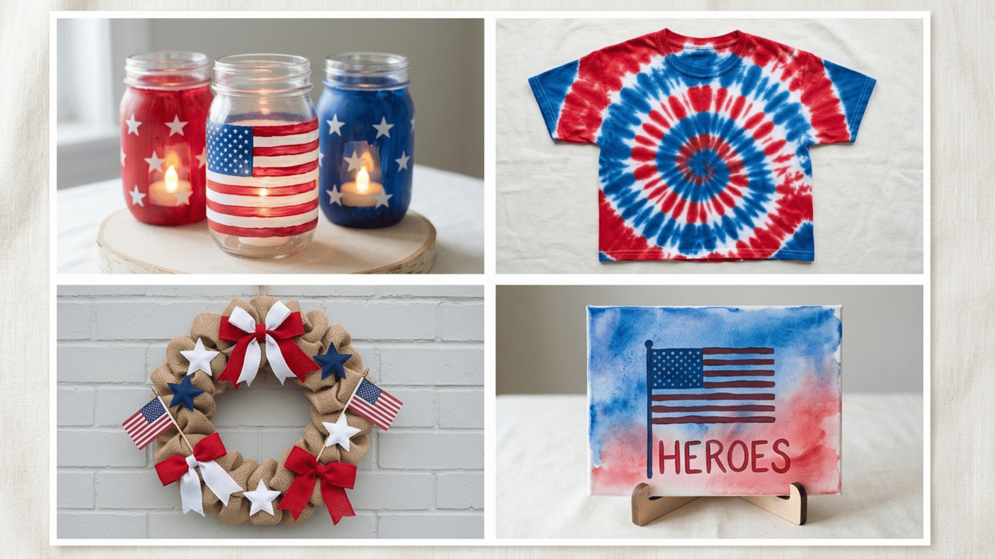 Creative Memorial Day crafts with jar lights, tie dye shirt, wreath, and canvas art.