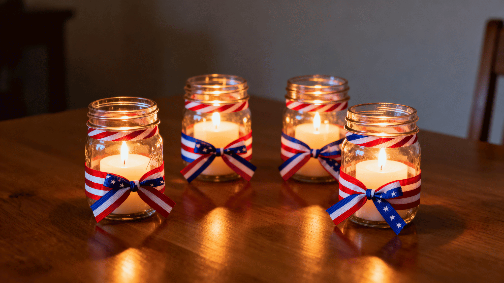 Decorated jars with candles glowing on table