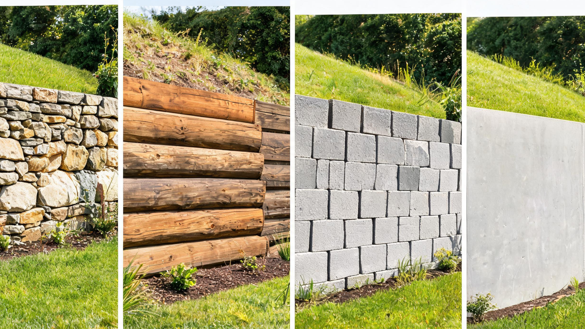 Different types of retaining walls including stone, timber, and concrete shown in a side by side outdoor layout