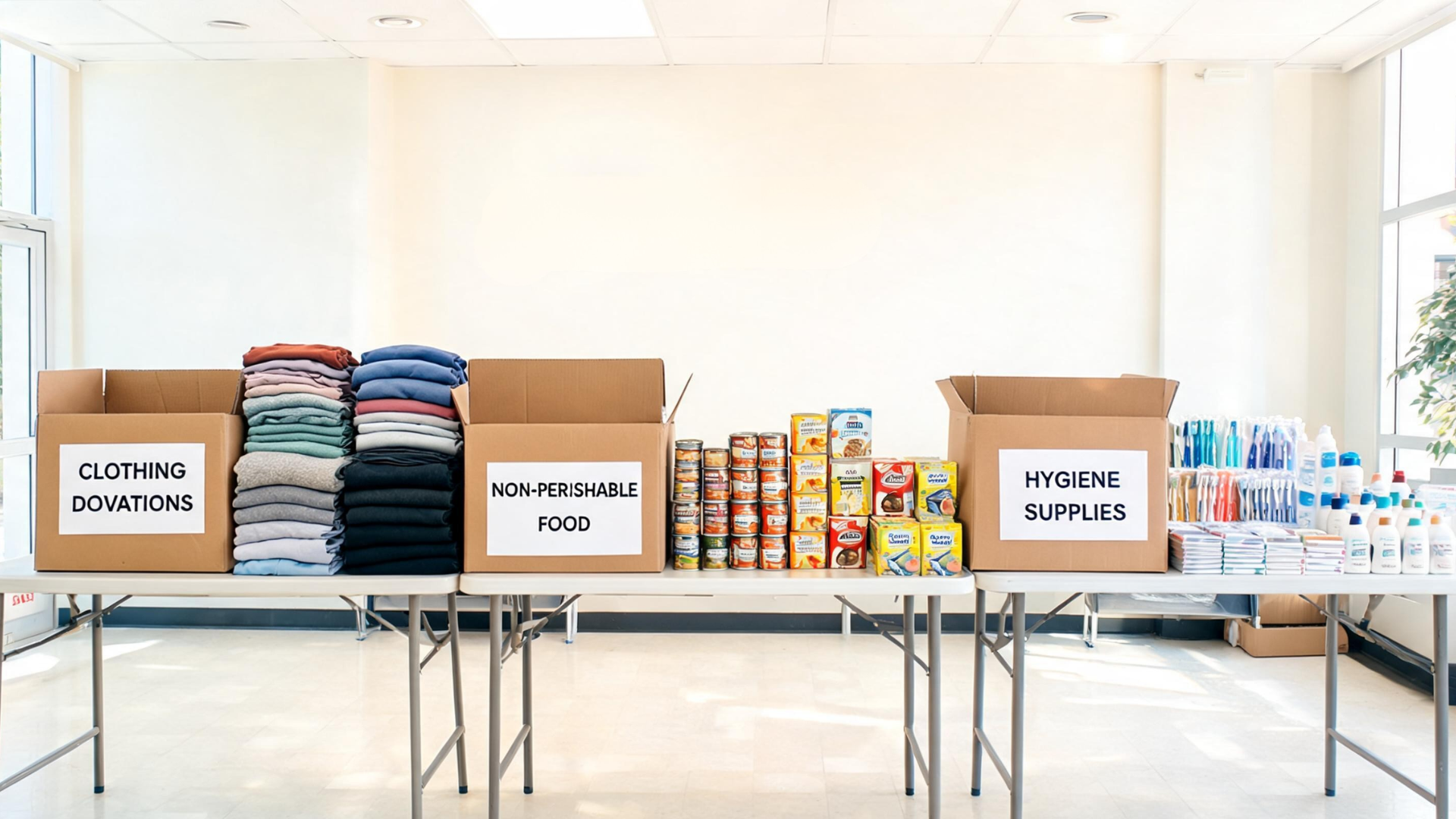 Donation items and supplies arranged neatly to represent simple Memorial Day volunteering efforts