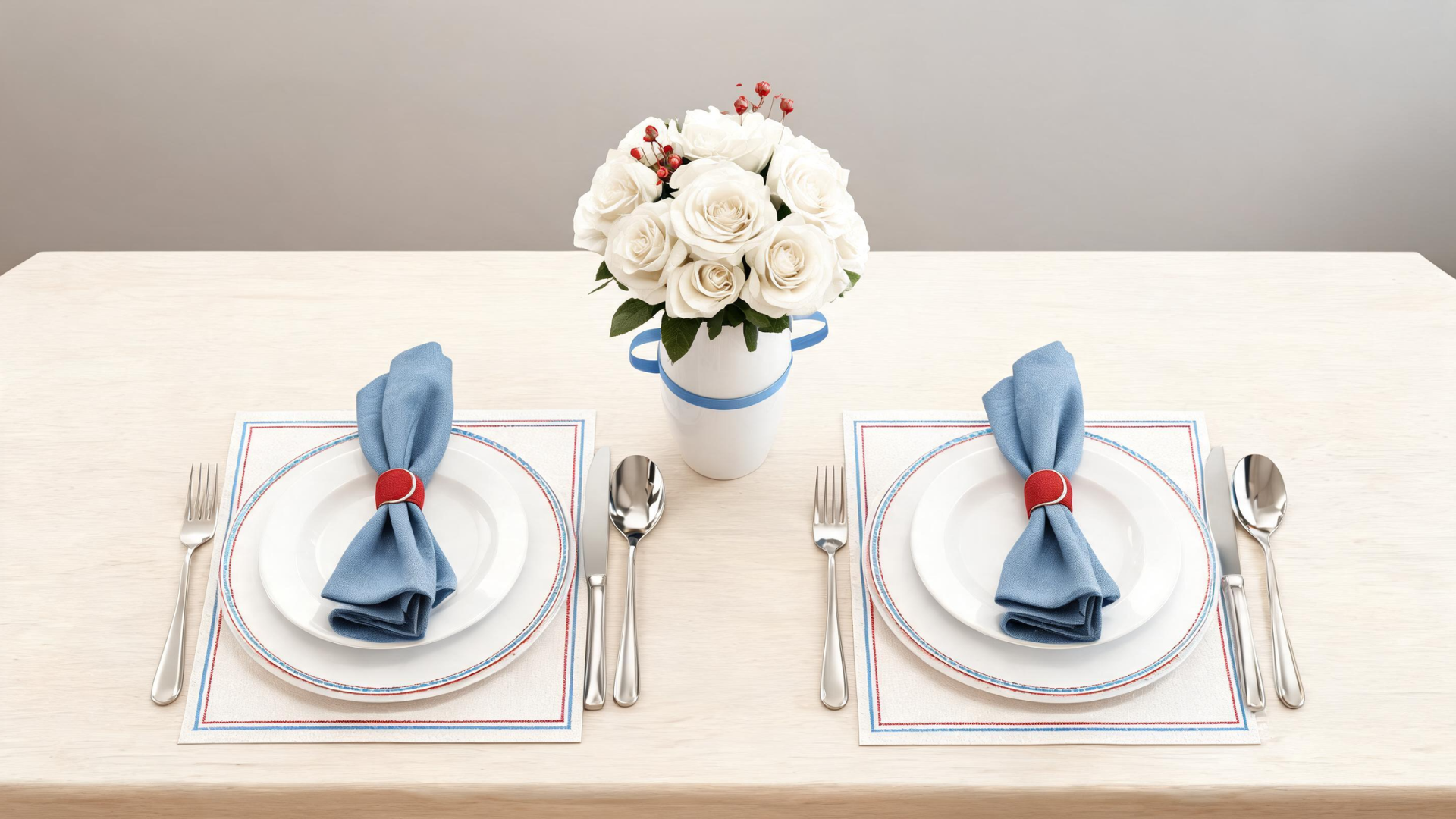 Elegant Memorial Day table with subtle red and blue accents and balanced place settings