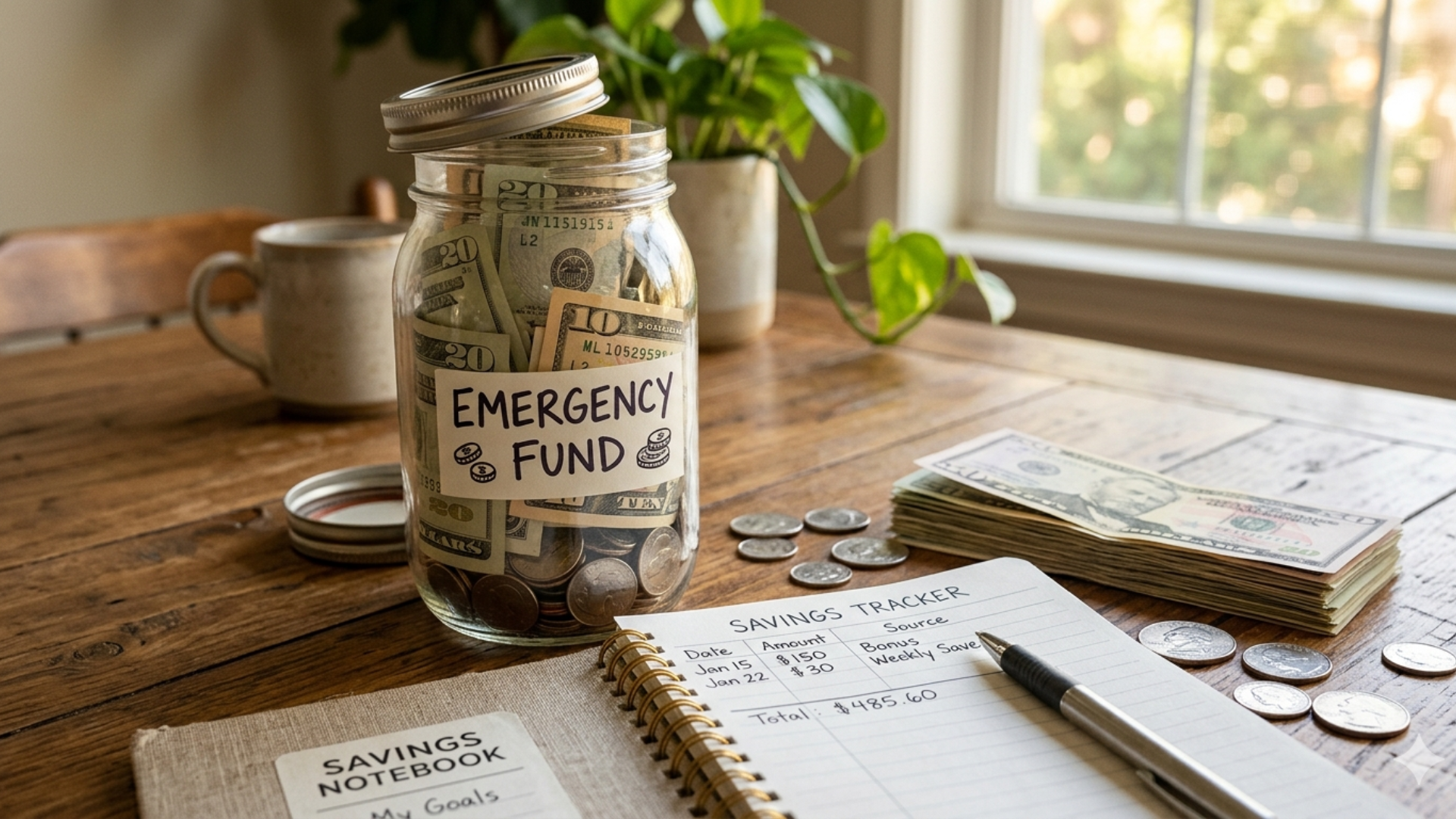 Emergency savings jar with cash and coins representing financial security and preparedness