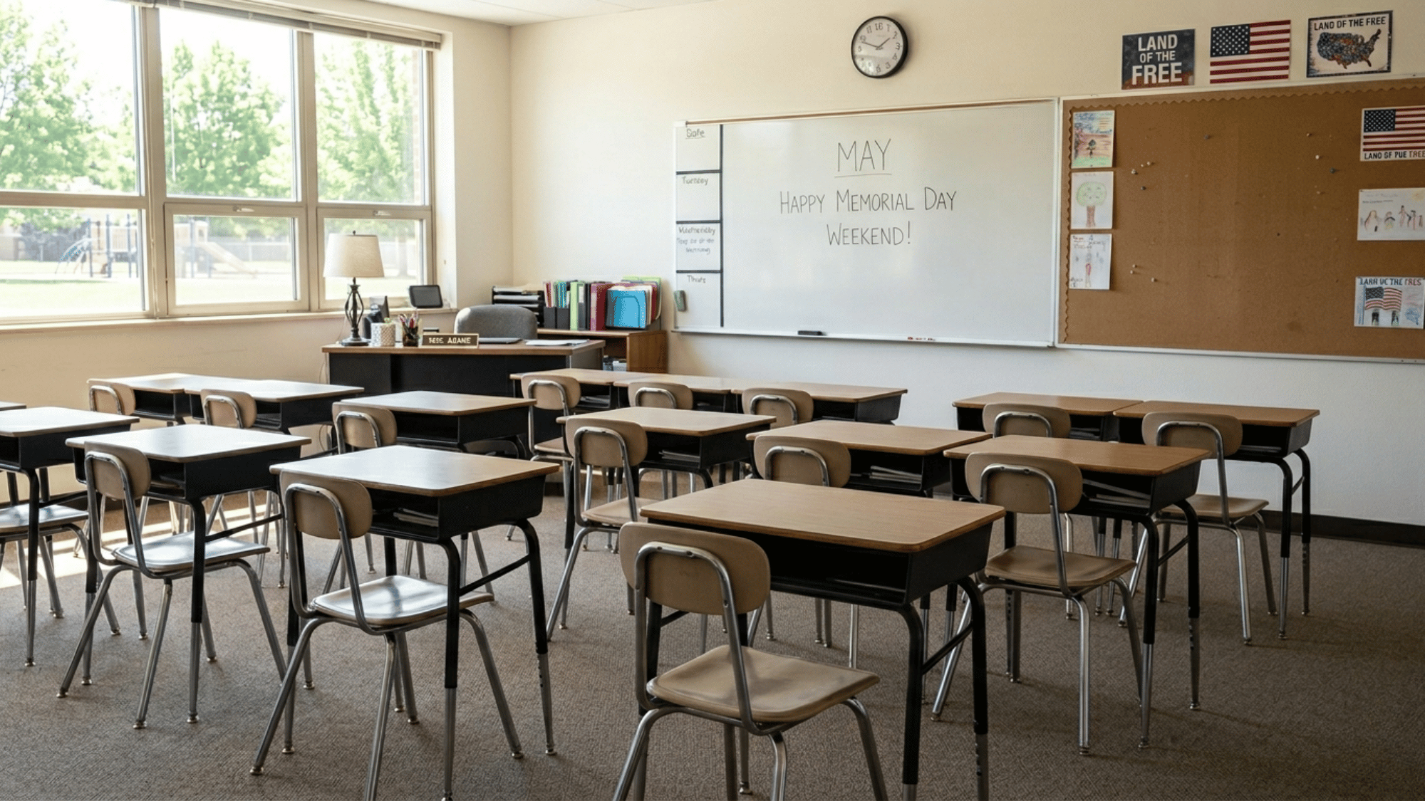 Empty classroom with calendar showing long weekend for Memorial Day break