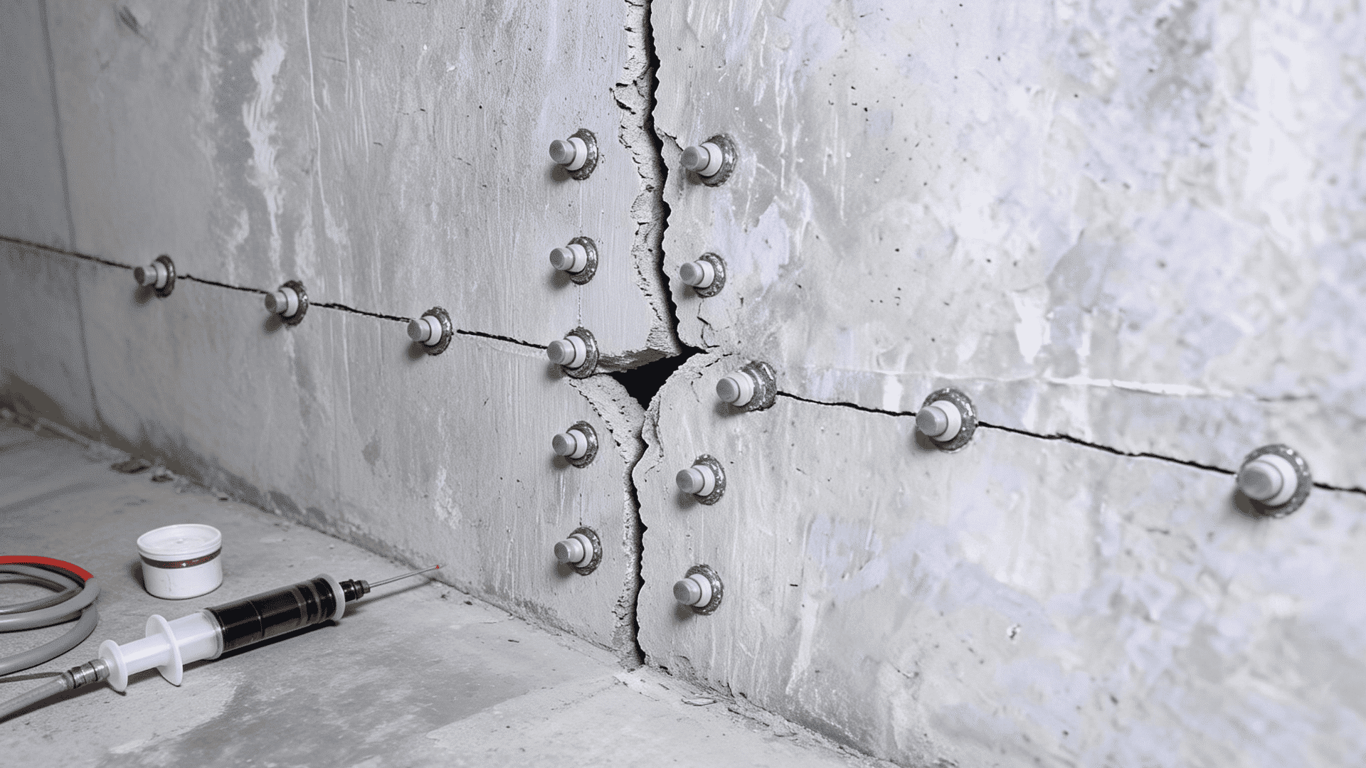 Epoxy injection ports attached along a concrete foundation wall crack. (2)