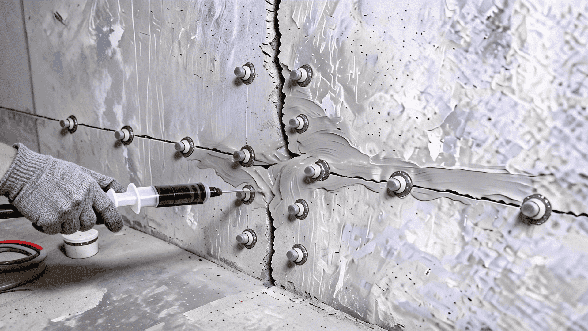 Epoxy resin being injected into a concrete foundation crack through repair ports. (2)