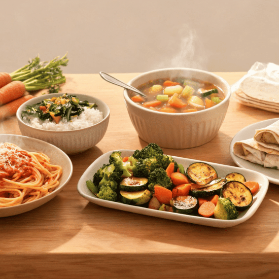 Family dinner table with affordable homemade meals, vegetables, pasta, and rice dishes in a cozy kitchen. (1)