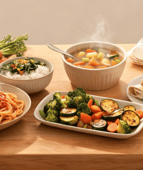 Family dinner table with affordable homemade meals, vegetables, pasta, and rice dishes in a cozy kitchen. (1)