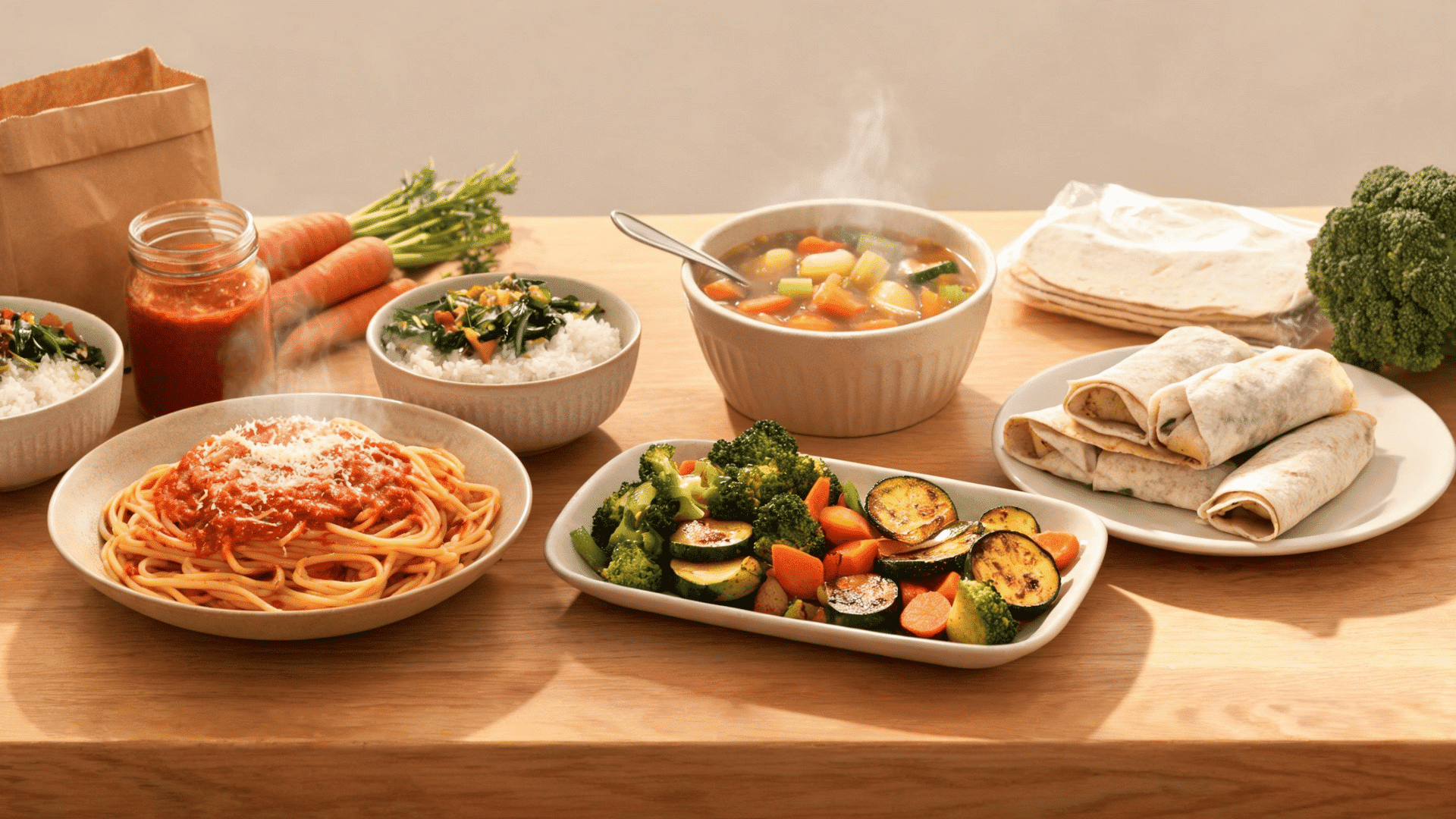 Family dinner table with affordable homemade meals, vegetables, pasta, and rice dishes in a cozy kitchen. (1)