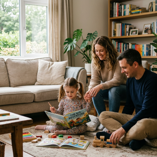 Family engaging in relaxed home learning environment with a child exploring books and play naturally