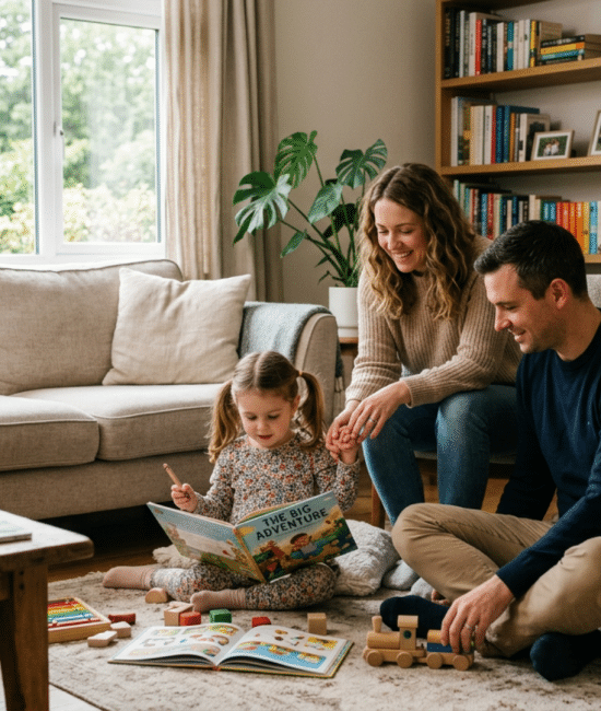 Family engaging in relaxed home learning environment with a child exploring books and play naturally