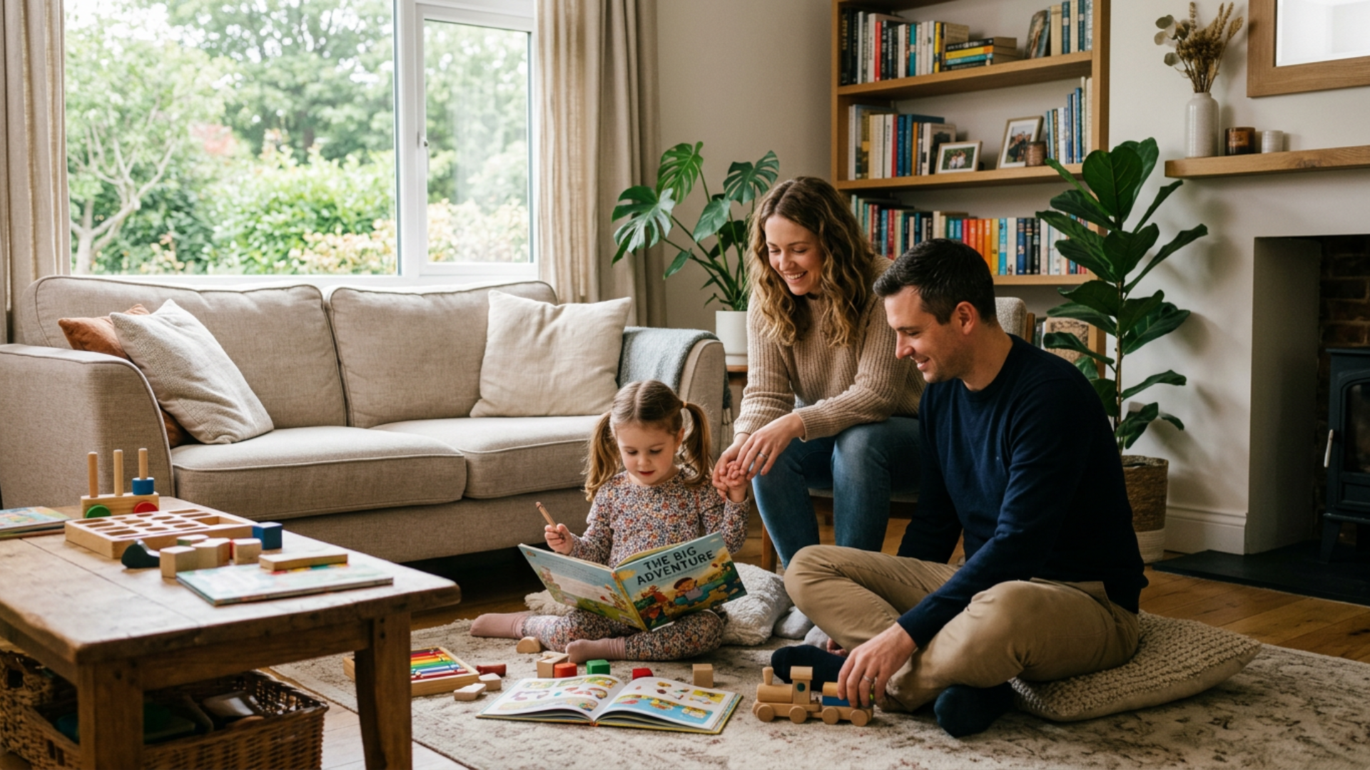 Family engaging in relaxed home learning environment with a child exploring books and play naturally