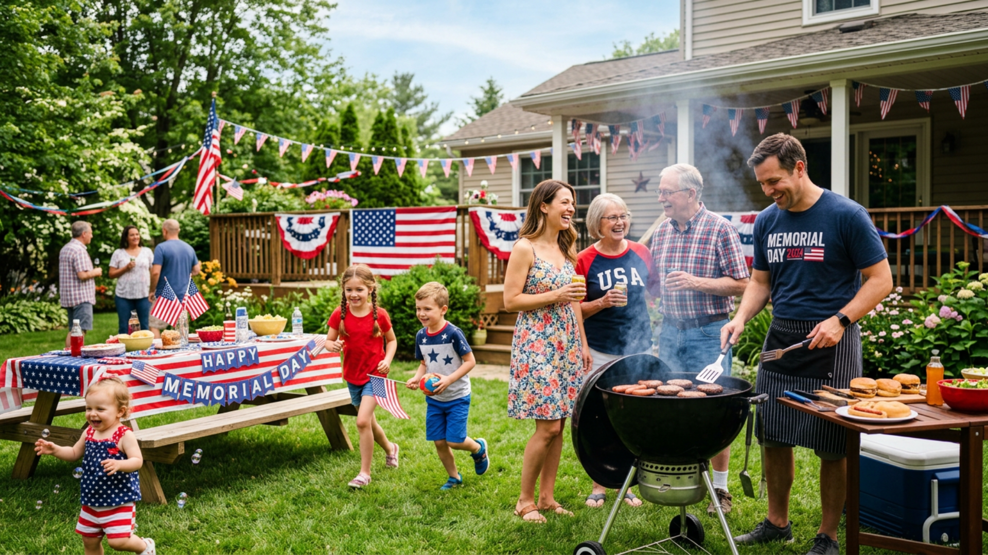 Family enjoying a backyard BBQ on Memorial Day with simple food, outdoor seating, and relaxed holiday atmosphere