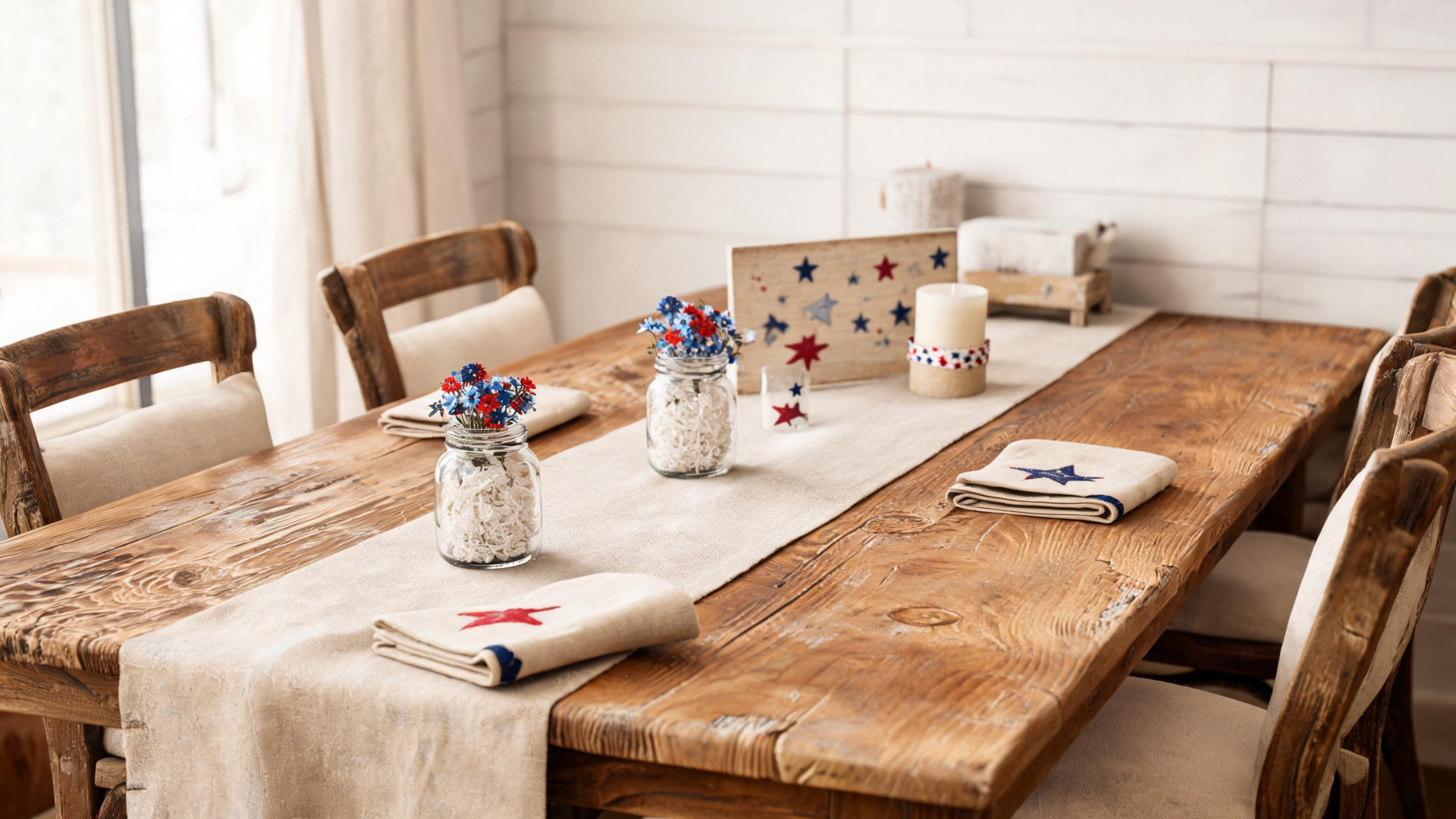 Farmhouse style Memorial Day table with natural textures and subtle patriotic accents