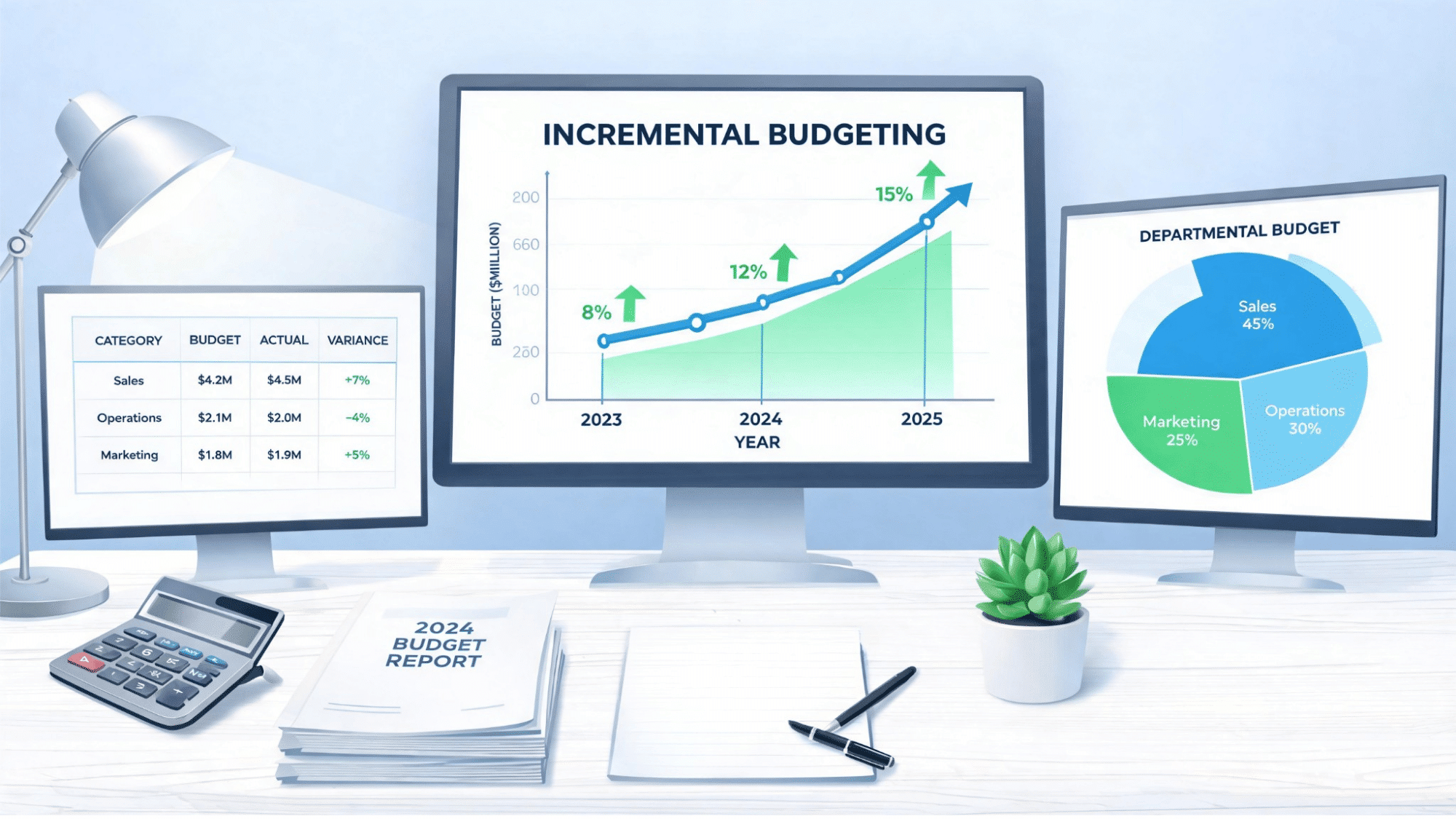 Financial analyst reviewing incremental budgeting reports and business growth charts.