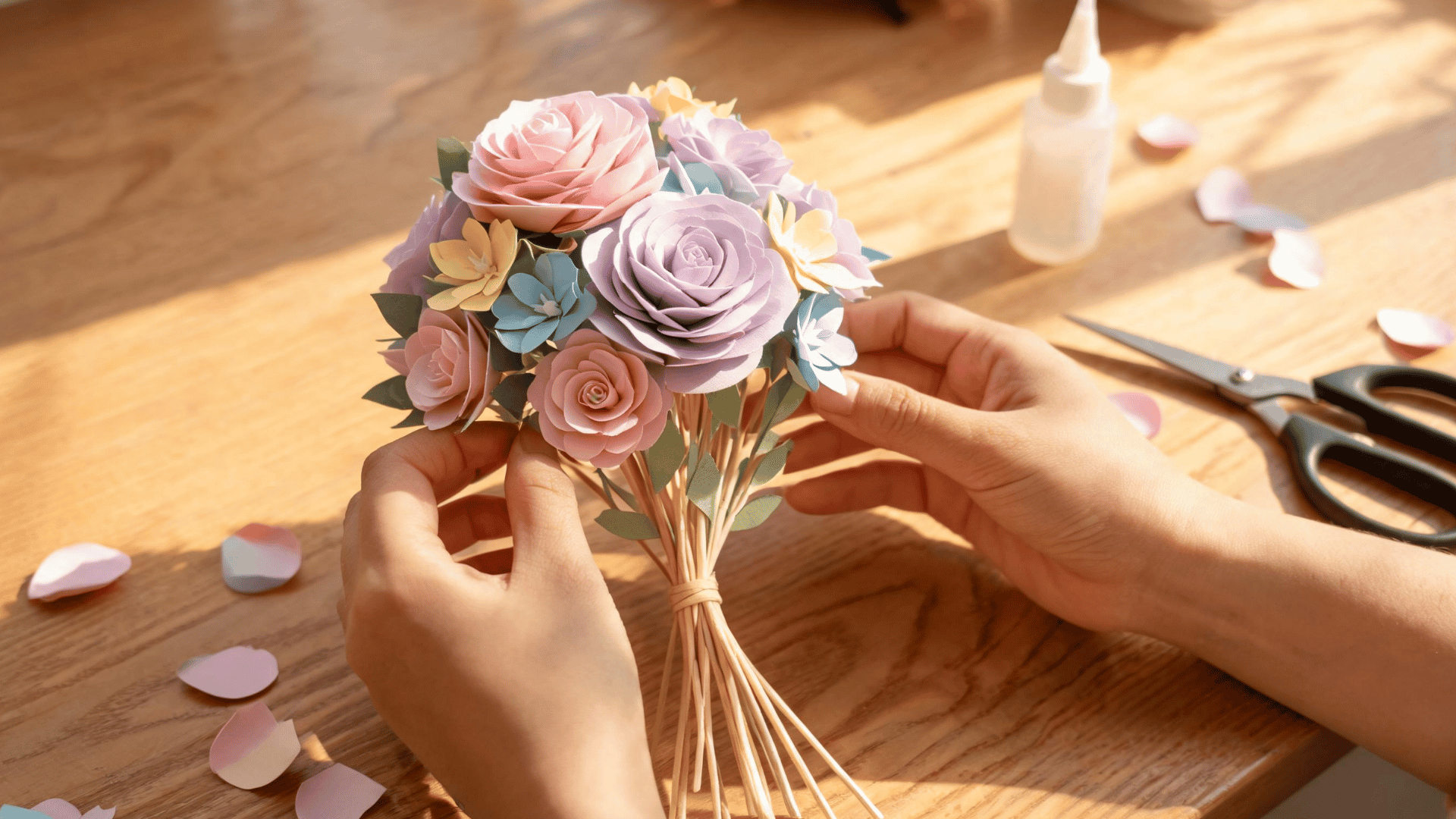 Finished colorful paper flowers arranged together before bouquet assembly. (2)