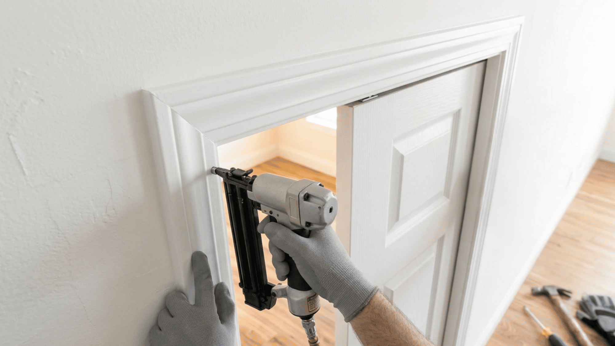 Finished pocket door with trim and sliding door hardware installed