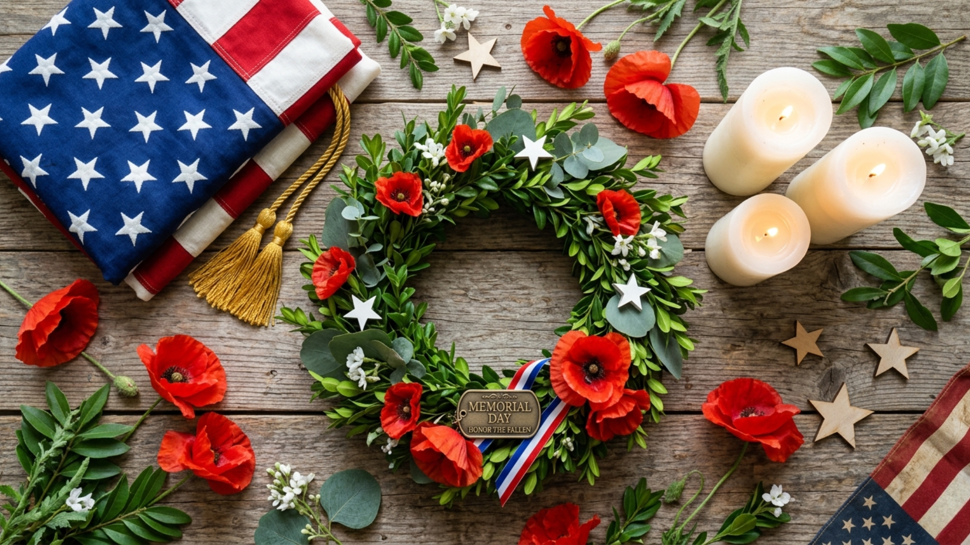 Flat lay of Memorial Day symbols including American flag, red poppy flowers, wreath, and candles