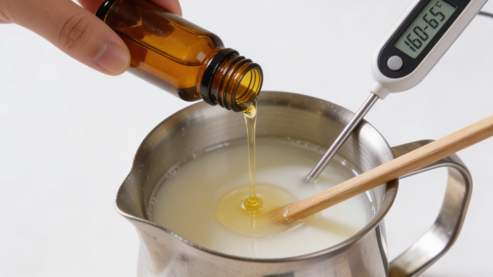 Fragrance oil being poured from an amber bottle into a pitcher of melted wax, with a thermometer reading 160–165°F and a wooden stick stirring the mixture.