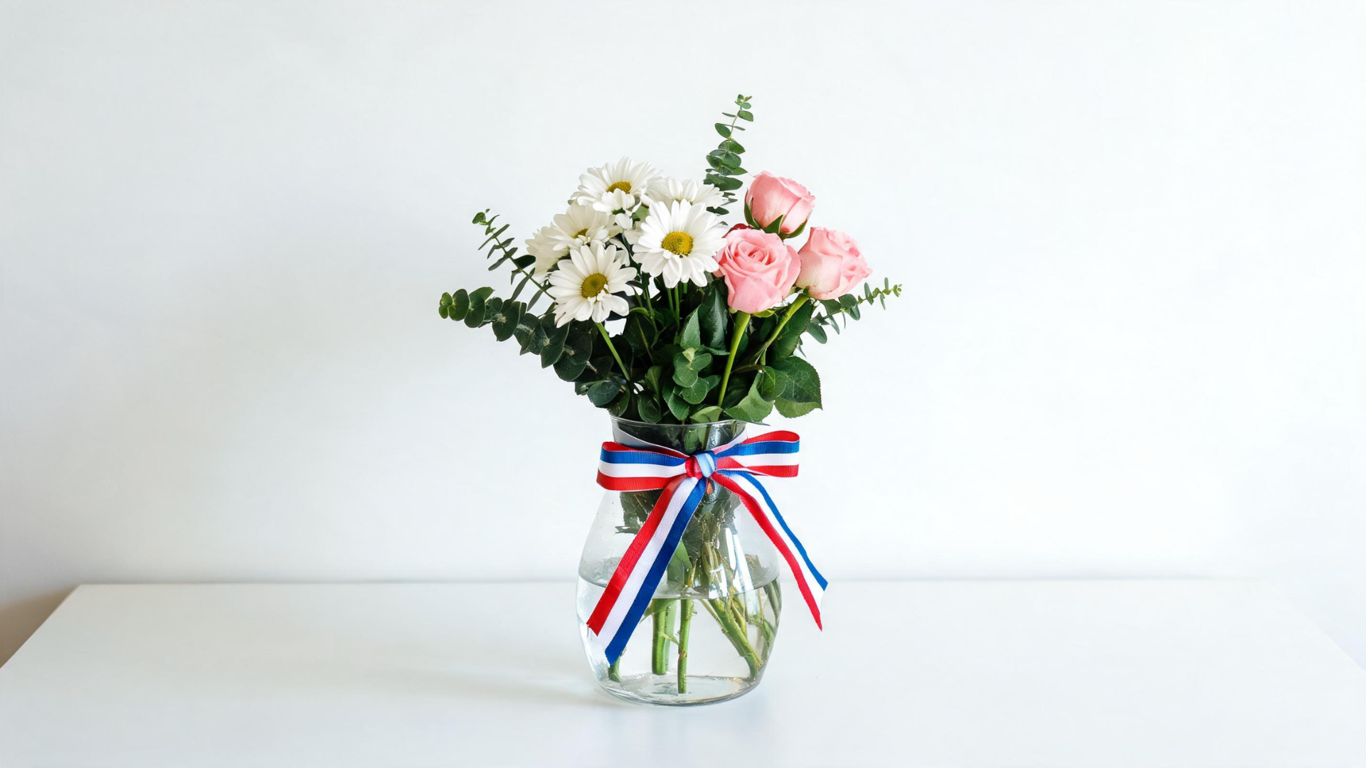Fresh flower centerpiece with patriotic ribbon tied around a vase on a Memorial Day table
