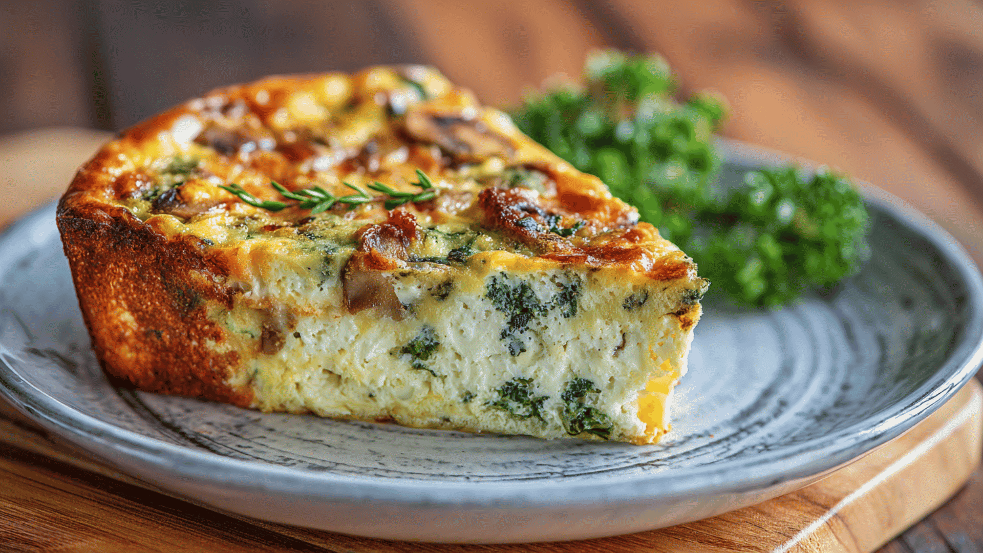 Freshly baked crustless quiche with eggs, cheese, and vegetables sliced and served on a plate. (1)