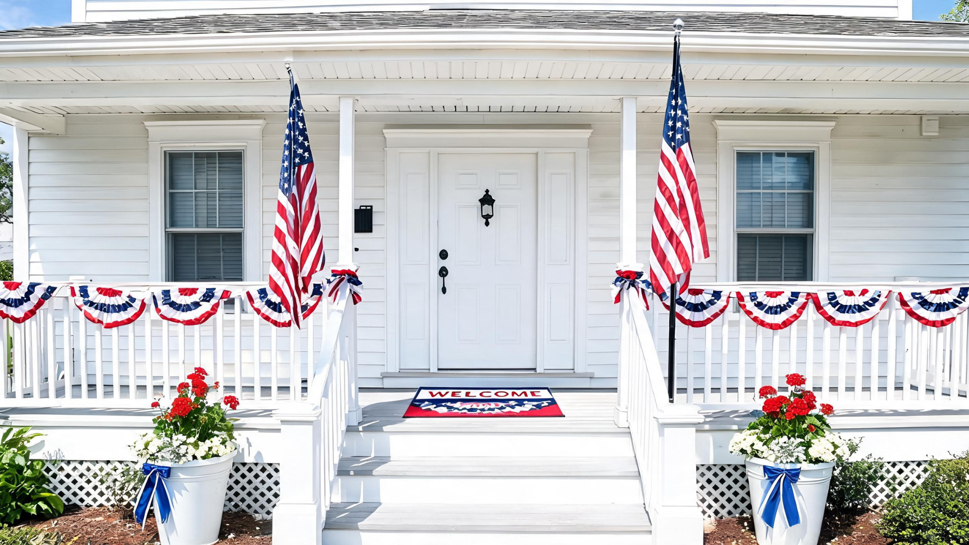 Front porch decorated with American flags and red, white, and blue accents for Memorial Day