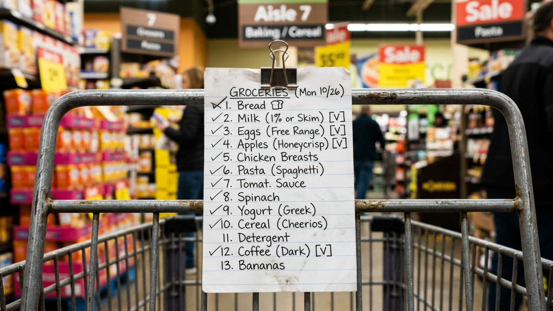 Grocery list on shopping cart in store aisle helping reduce impulse buying and control expenses