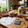 Grocery receipts, calculator, and food items on table highlighting rising grocery costs and budgeting