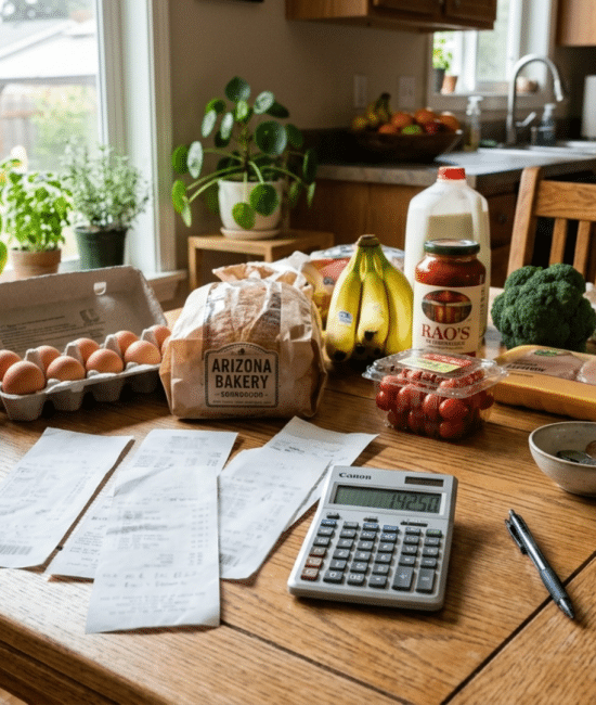 Grocery receipts, calculator, and food items on table highlighting rising grocery costs and budgeting
