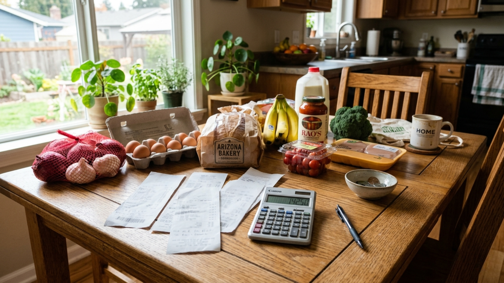 Grocery receipts, calculator, and food items on table highlighting rising grocery costs and budgeting