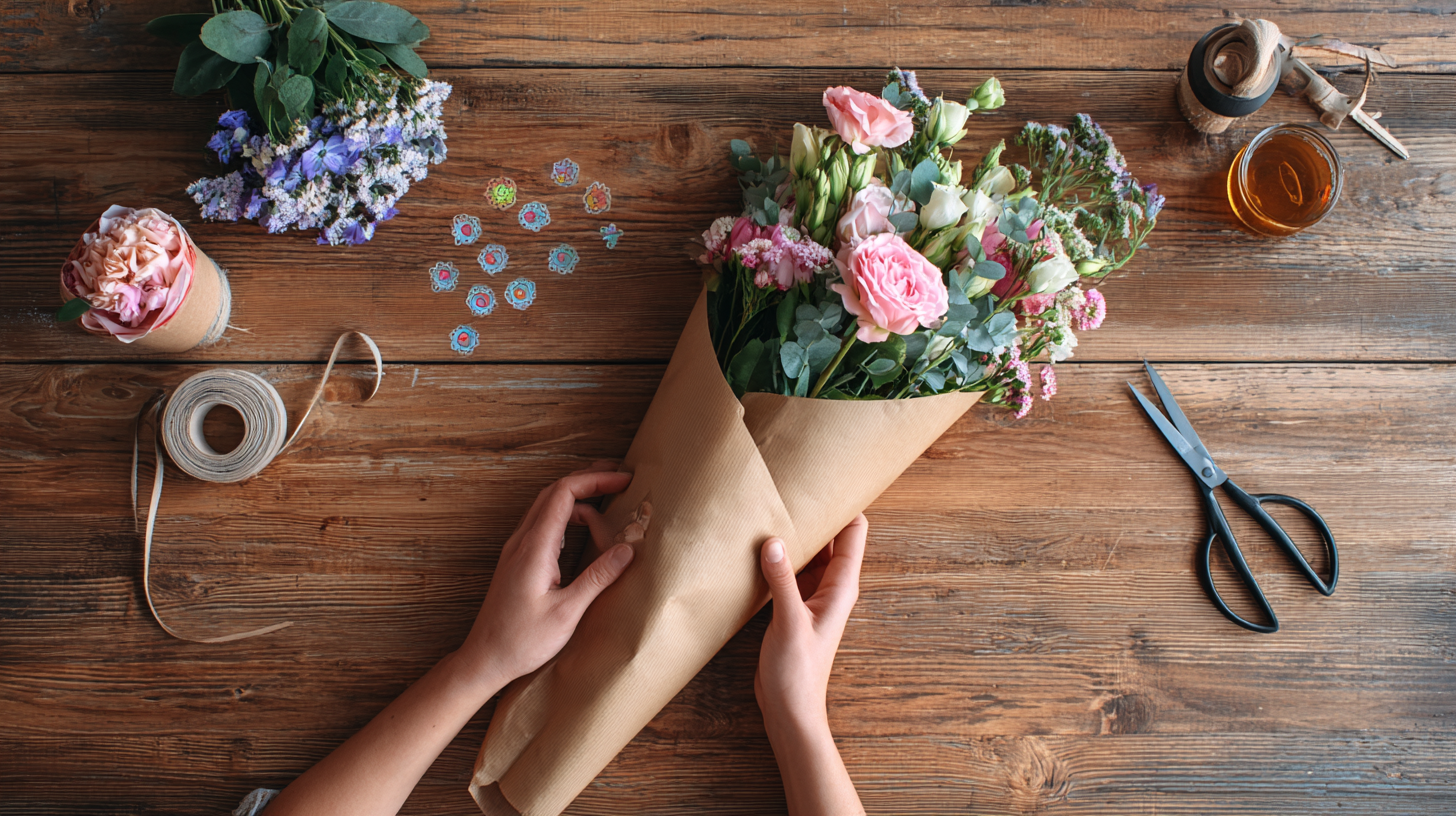 Handmade paper flower bouquet wrapped in kraft paper and ribbon surrounded by colorful origami paper and craft supplies on a white wooden table
