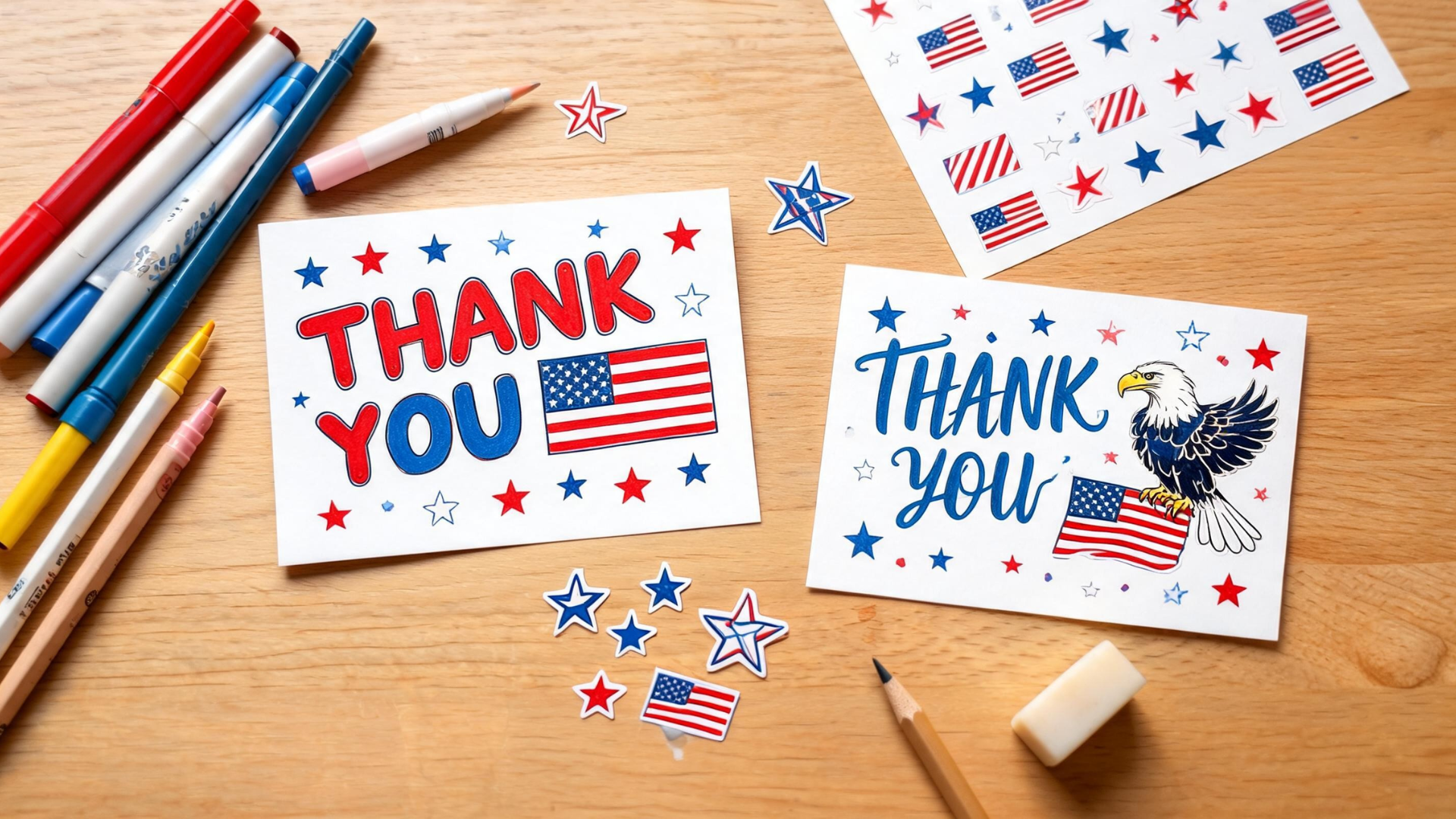 Handmade thank you cards with patriotic drawings and messages placed on a desk with art supplies