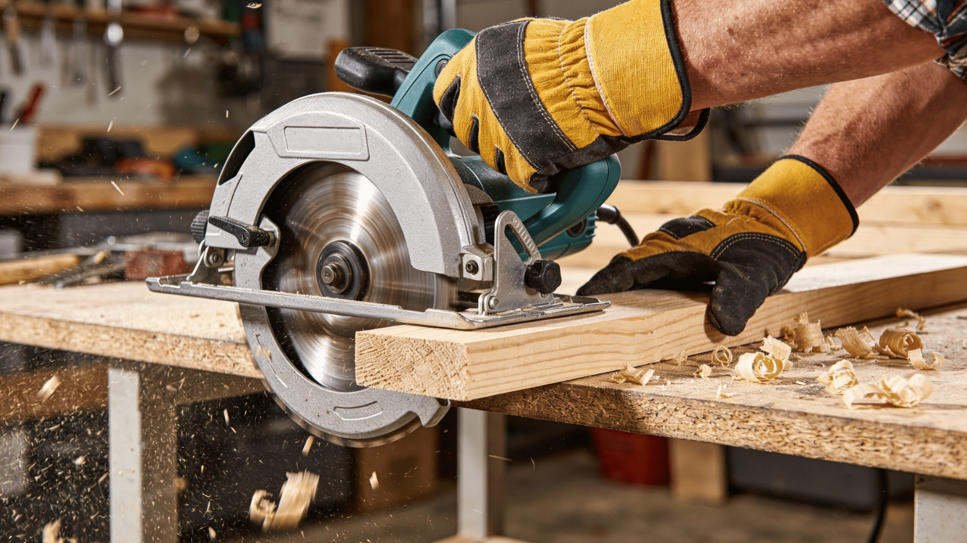 _Hands cutting a wooden plank with a circular saw on a workbench.