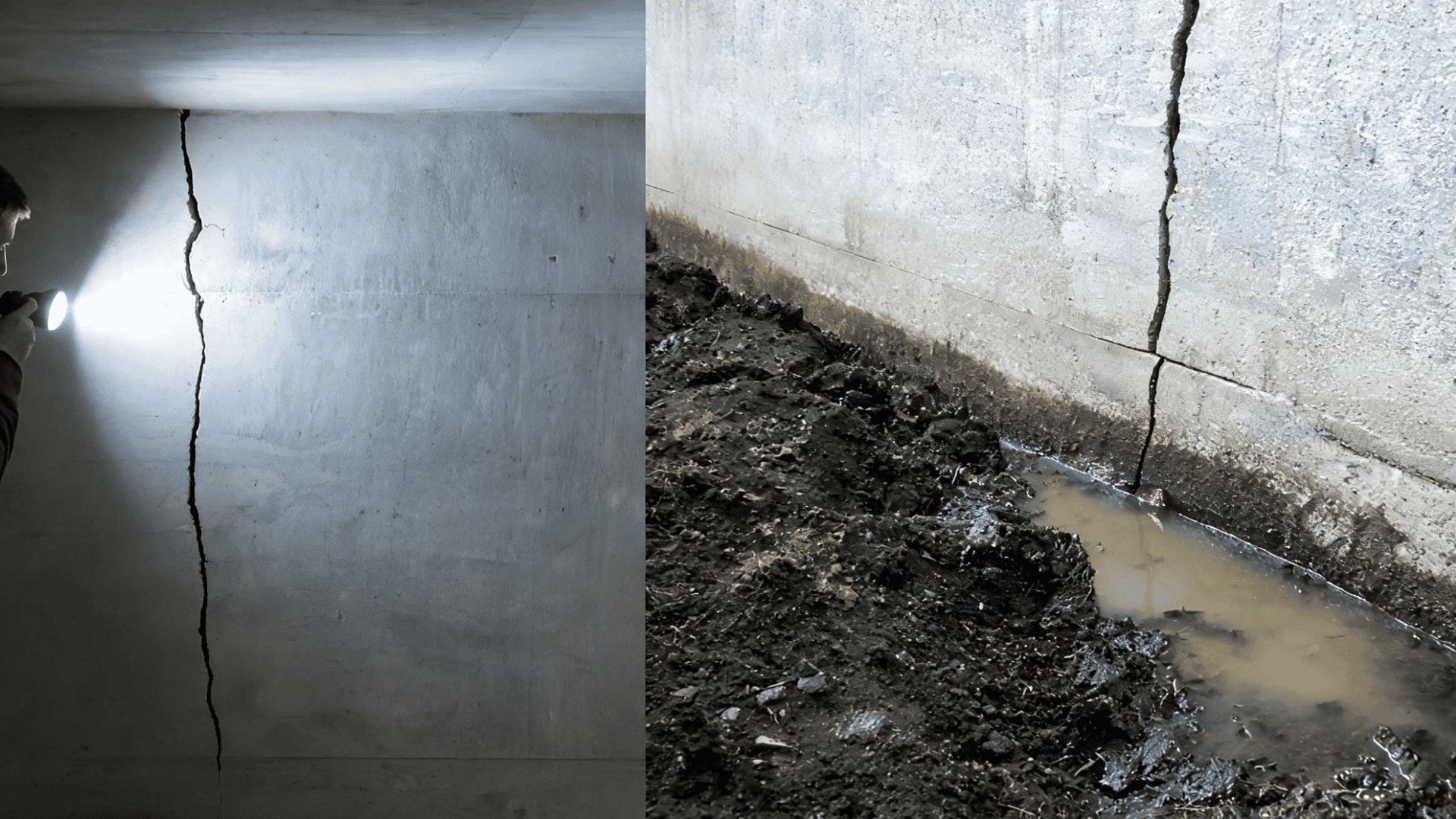 Hands inspecting a crack in a concrete foundation wall inside a basement. (1)