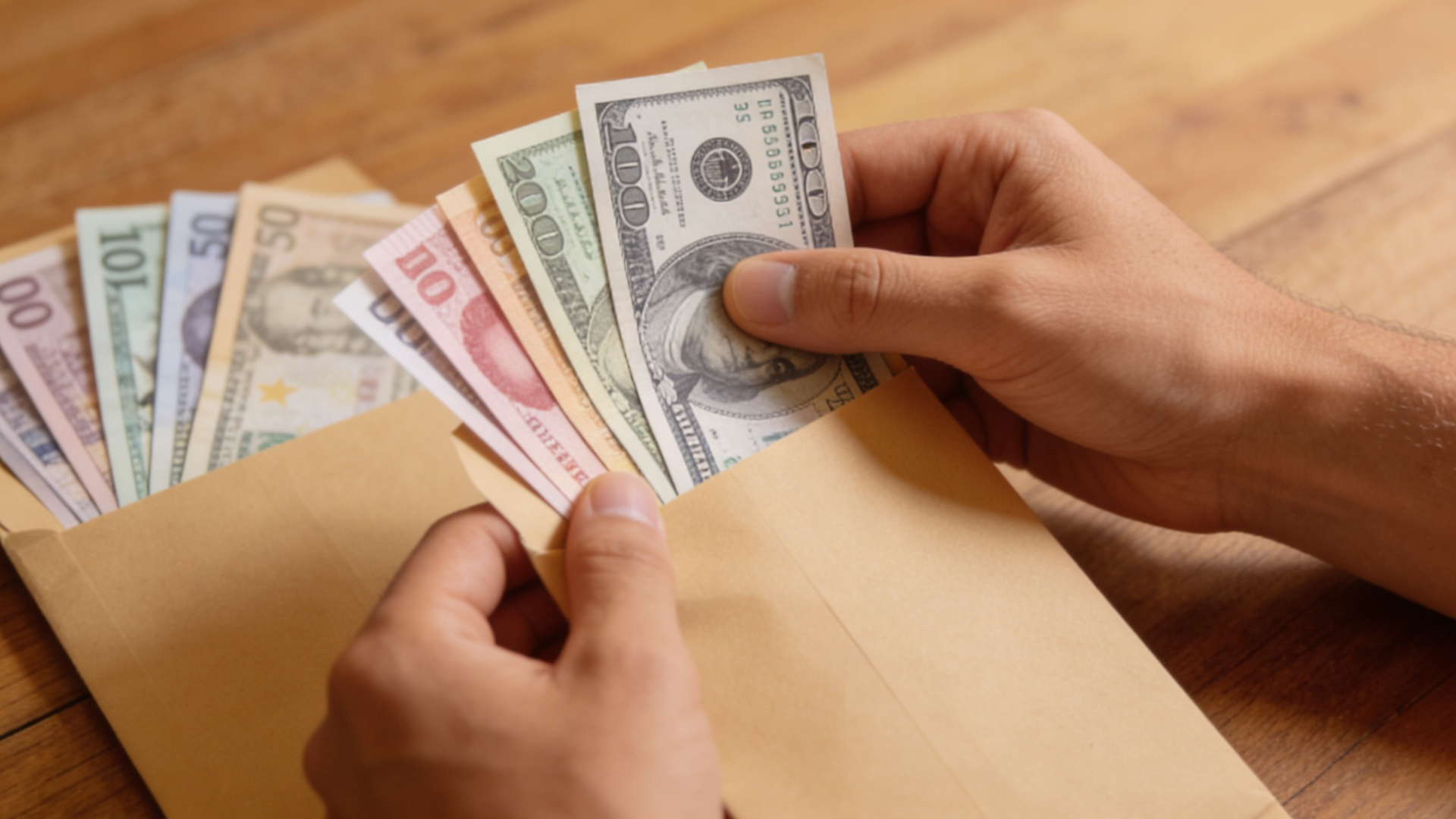 Hands placing counted cash into labeled budget envelopes on a wooden table.