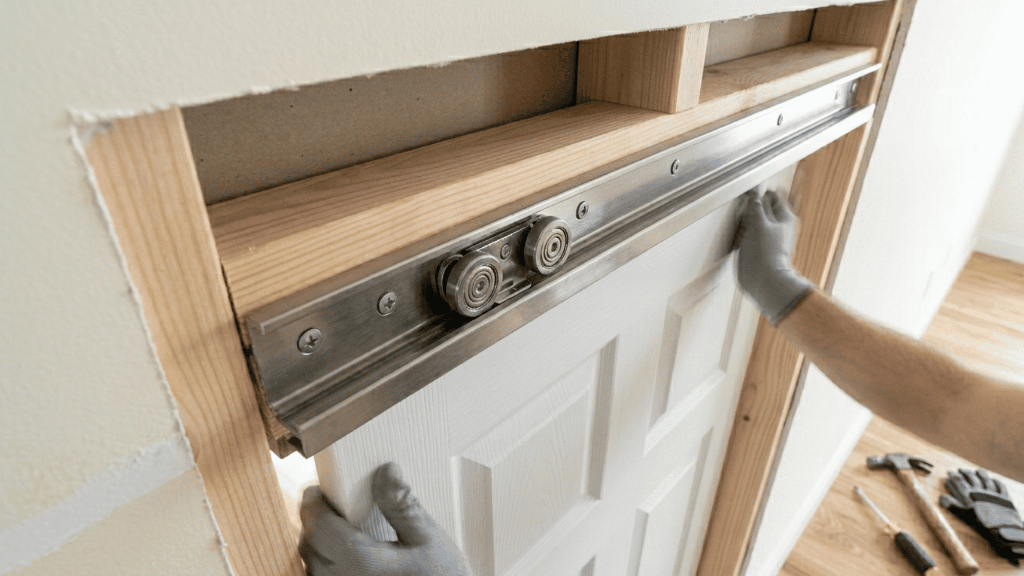 Hanging the pocket door onto the sliding track system