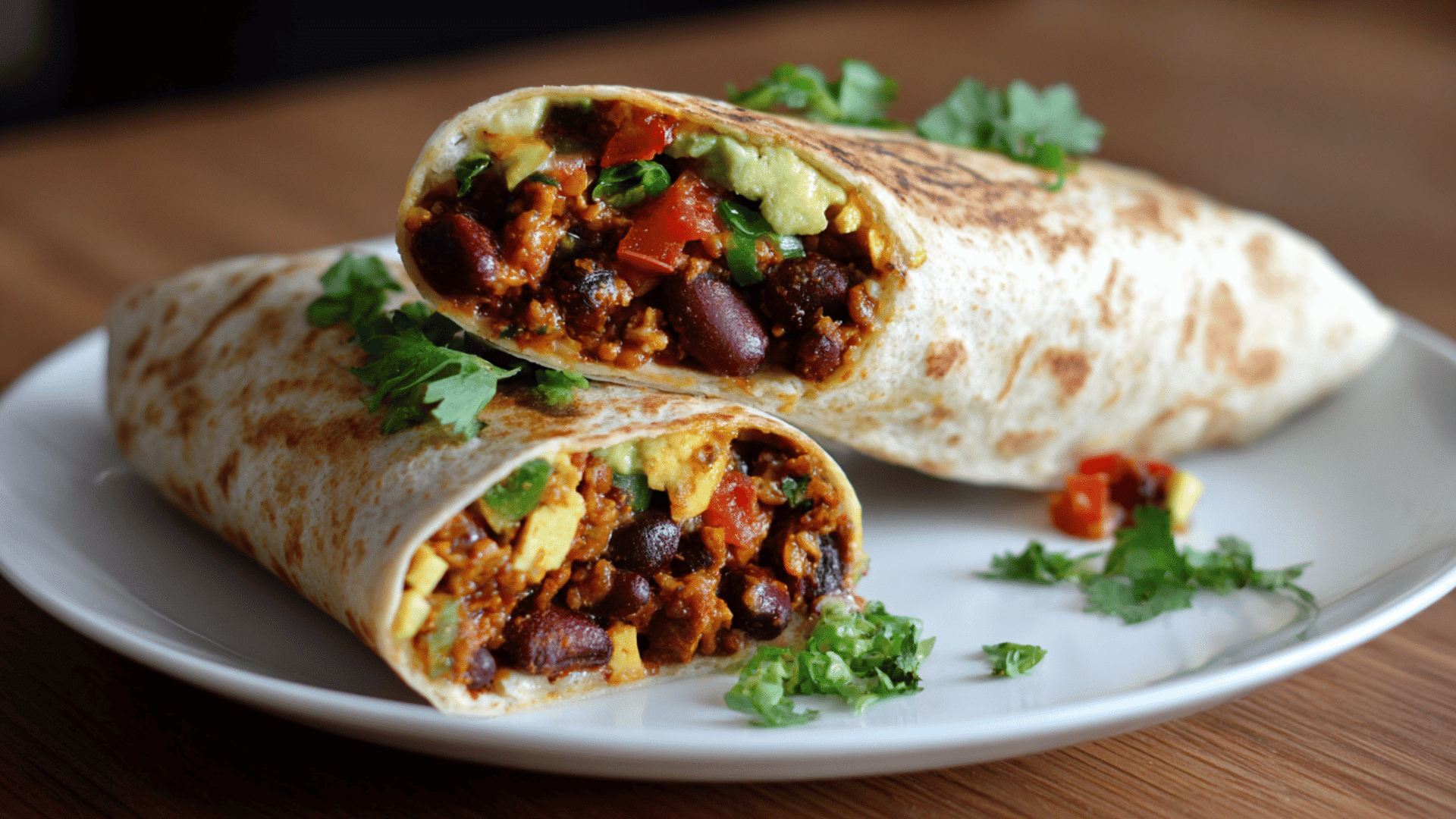 Homemade bean burritos filled with beans, rice, and cheese served on a plate with fresh toppings. (1)