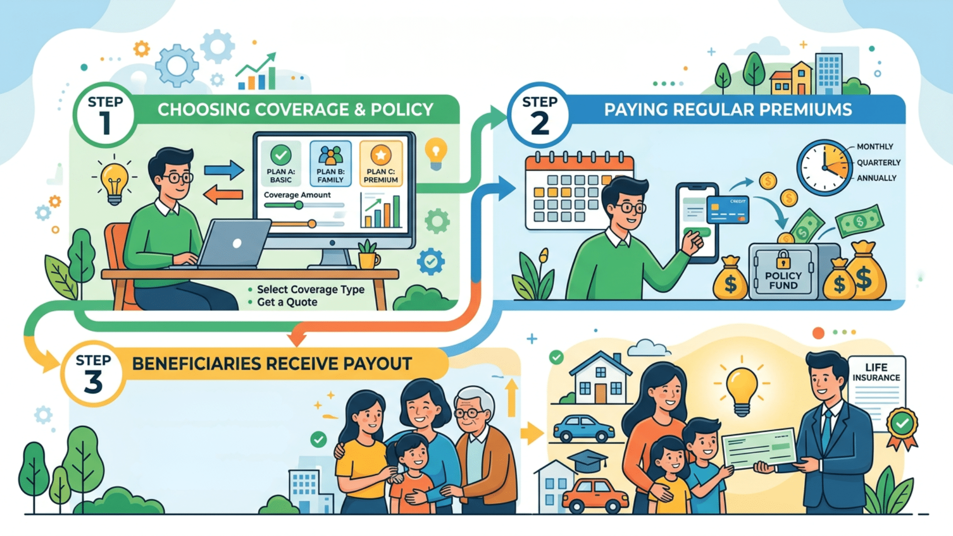 Infographic showing how term life insurance works from coverage selection to payout for beneficiaries
