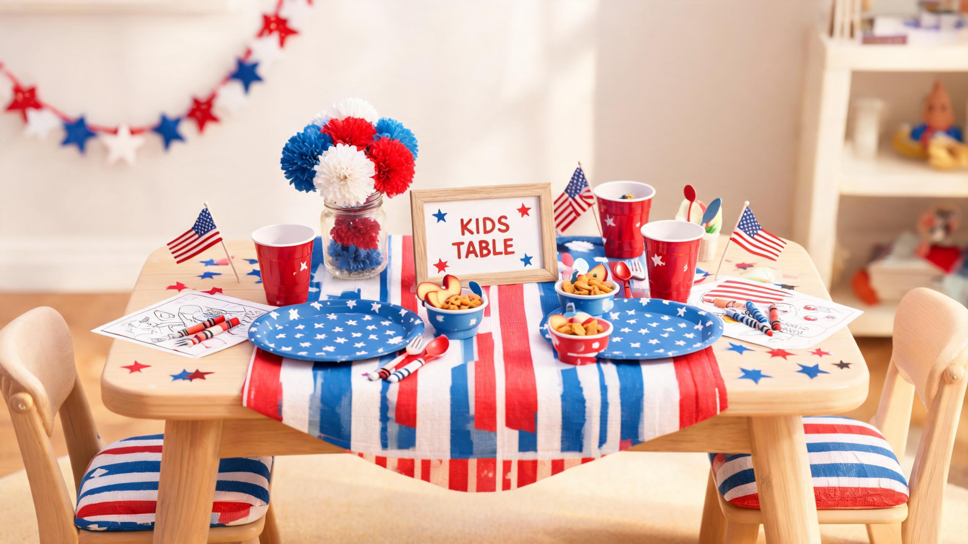 Kids friendly Memorial Day table with safe colorful decor and simple setup