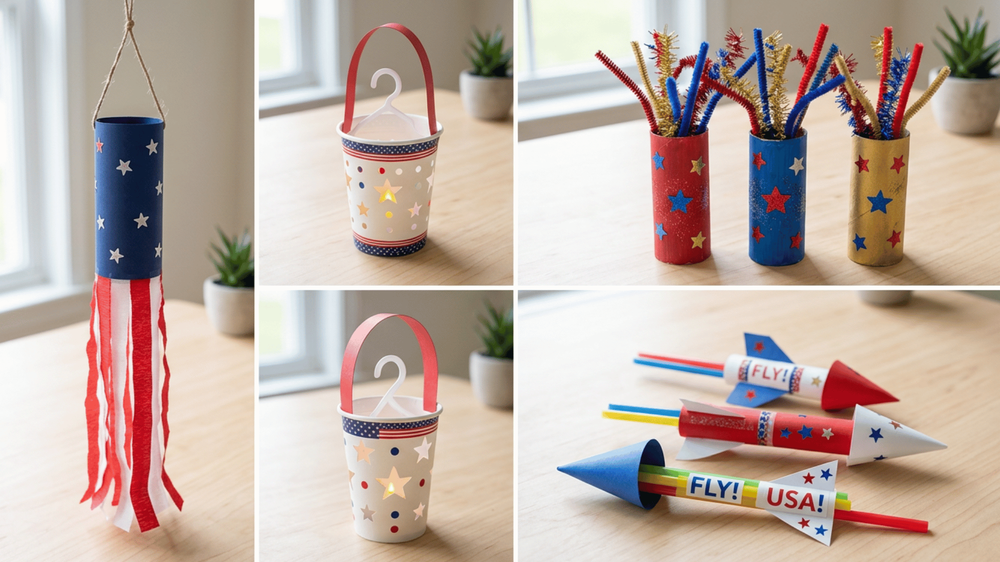 Kids Memorial Day crafts with windsock, fireworks roll, lantern, and straw rockets