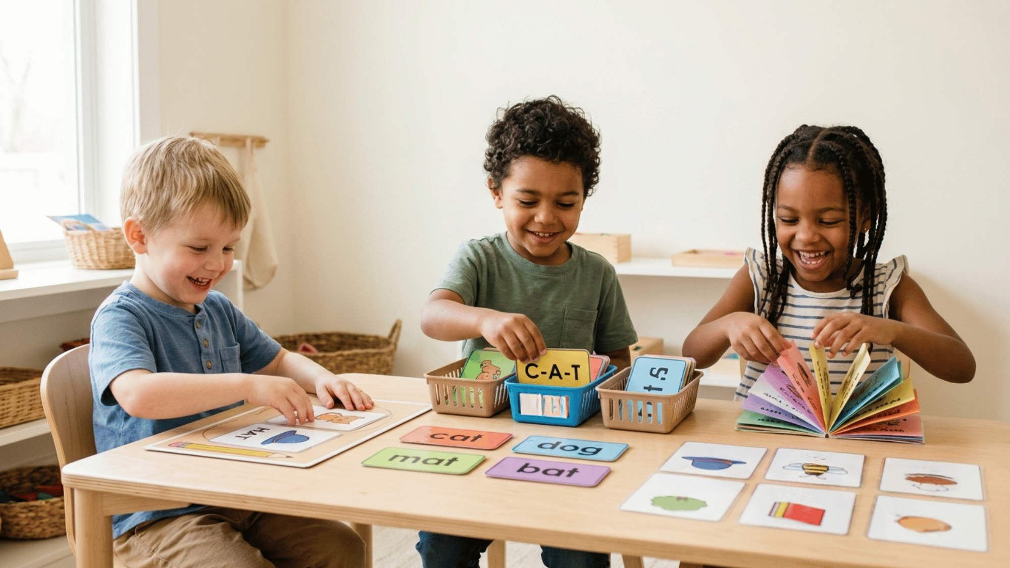 Kids playing simple onset and rime activities with cards and word games