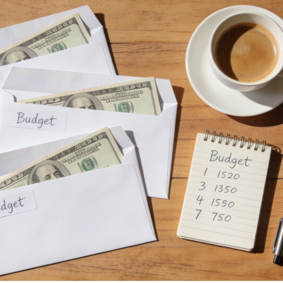 _Labeled cash envelopes with a budget notebook and pen on a wooden table.