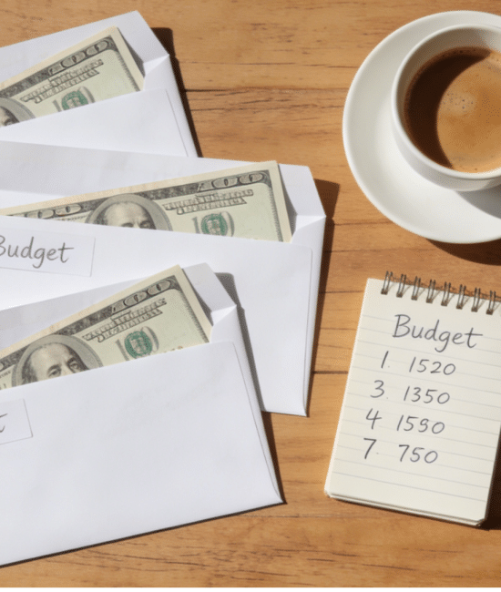 _Labeled cash envelopes with a budget notebook and pen on a wooden table.