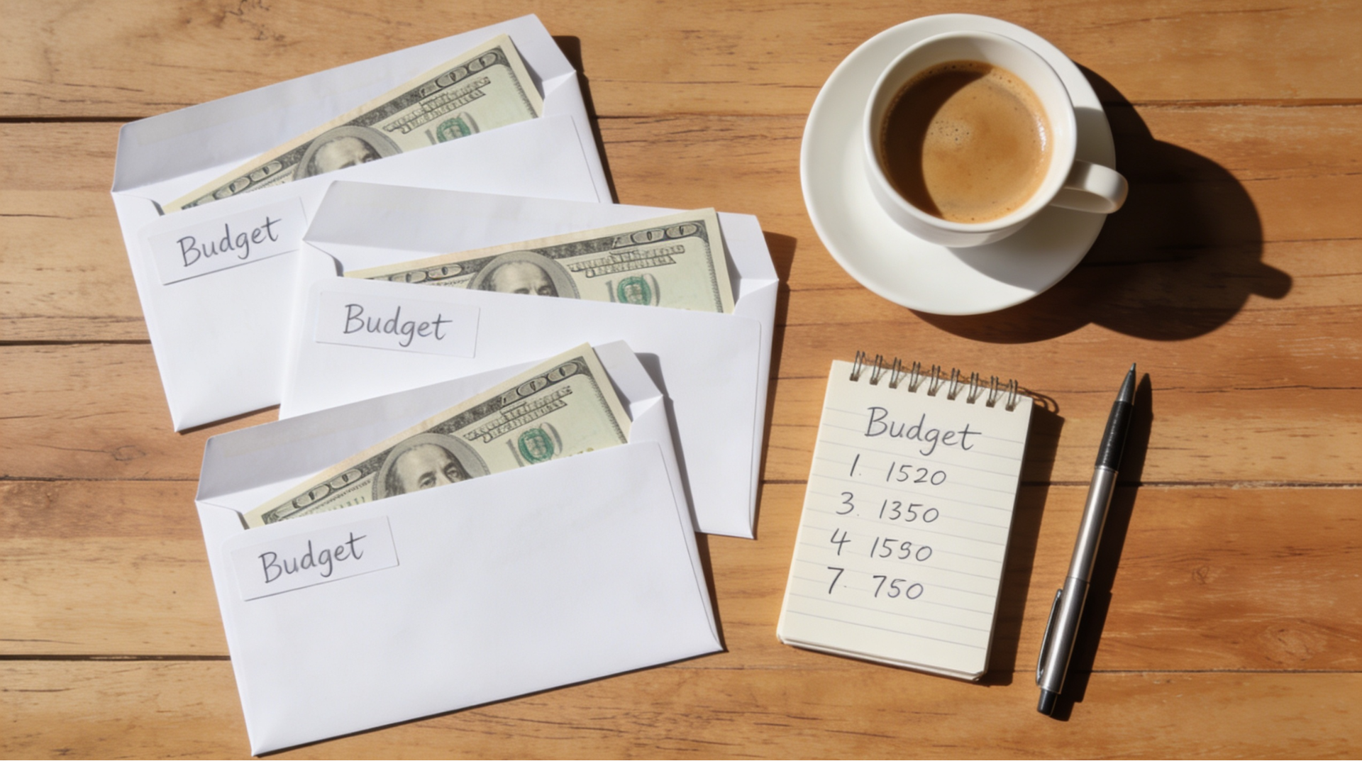 _Labeled cash envelopes with a budget notebook and pen on a wooden table.