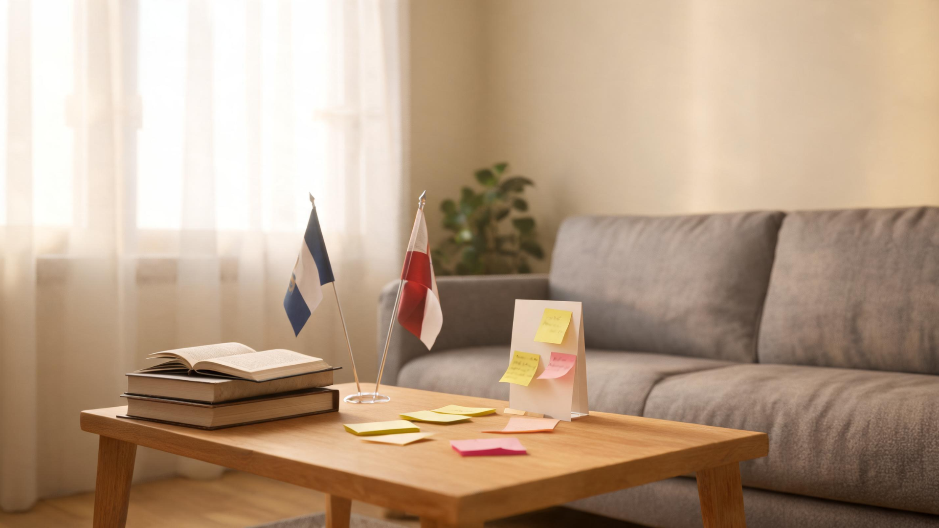 Living room setup with books, flags, and notes arranged to reflect Memorial Day discussion