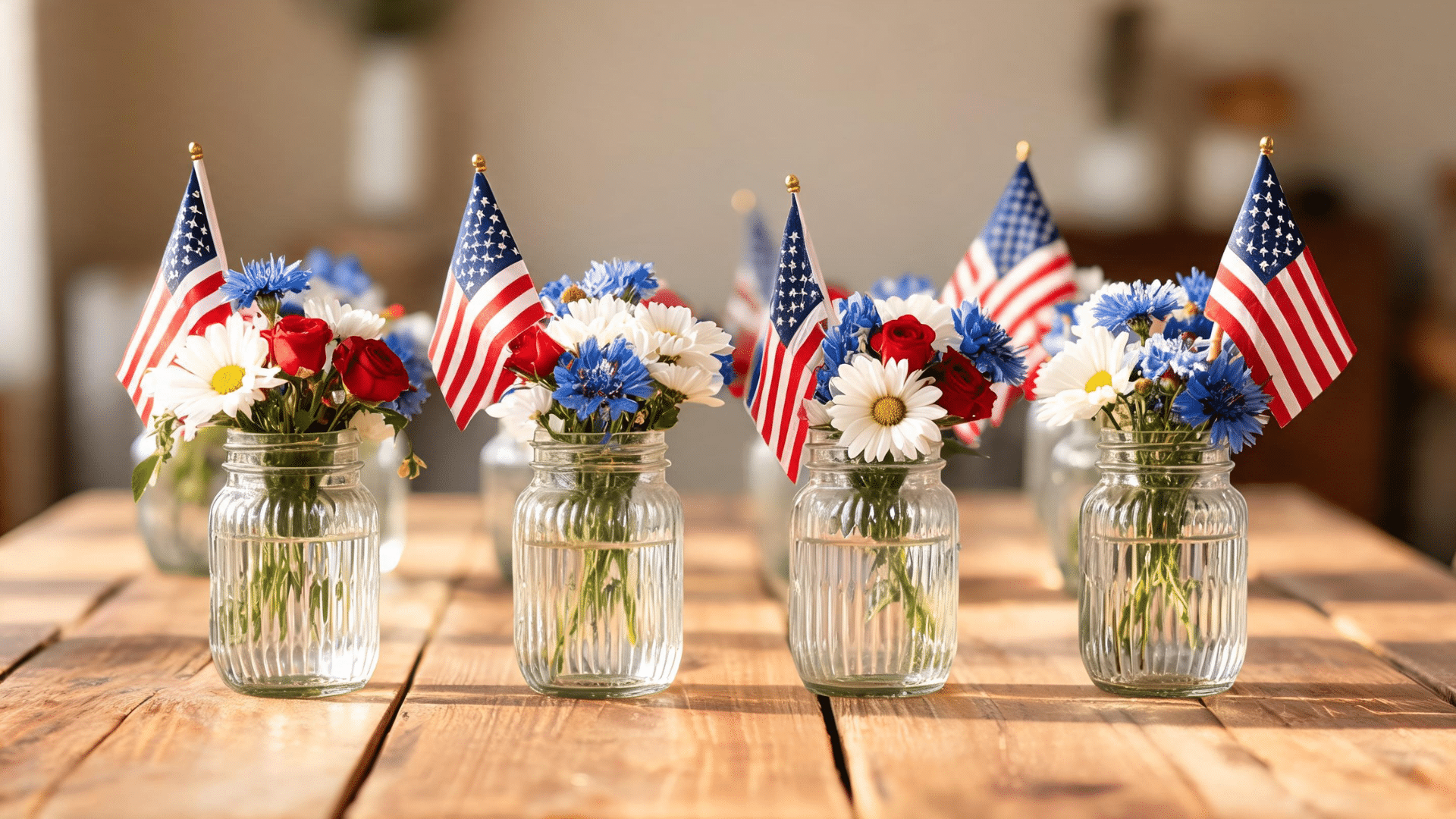 Mason jar centerpieces with small American flags and flowers arranged across a wooden table