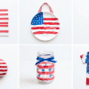 Memorial Day crafts collage with flag art, windsock, painted rocks, jar lights, and tie dye