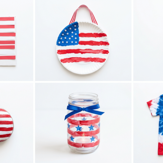 Memorial Day crafts collage with flag art, windsock, painted rocks, jar lights, and tie dye